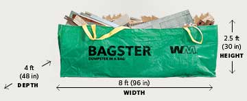 Bagster bag filled with a door, cardboard, and wood, measuring 8 feet wide, 2.5 feet high, and 4 feet deep.