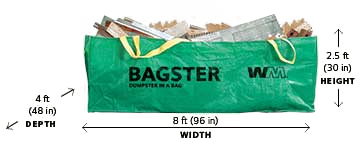 Bagster 4 feet by 8 feet by 2.5 feet dumpster bag filled with debris